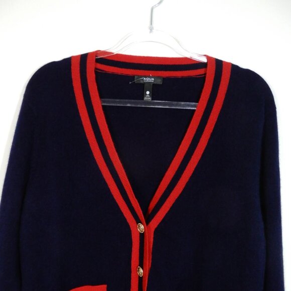 AQUA 100% Cashmere Stripe Trim Novelty Button Cardigan Sweater XXL Navy Red NEW - Picture 6 of 11